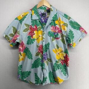 LIZWEAR Shirt Mens L Hibiscus Hawaiian Camp Button Up Cotton Green Blue VTG
